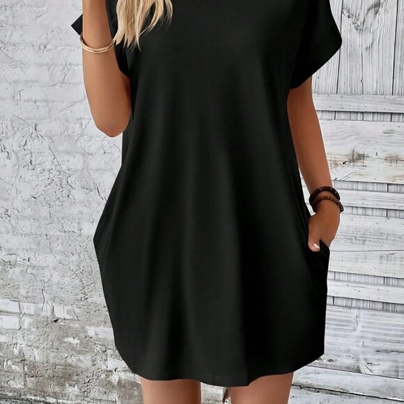 Black Boho Womens  Solid Batwing Sleeve Hidden Pocket Tee Dress - Picture 3 of 5